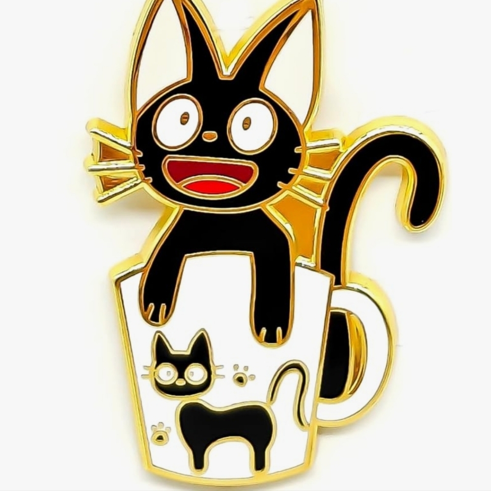 Black & Gold Cat Enamel Pin - Cute Cat in Mug
